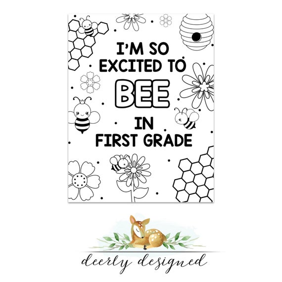 First grade first day activities coloring page bee theme instant download printable coloring sheet colorable bee coloring page