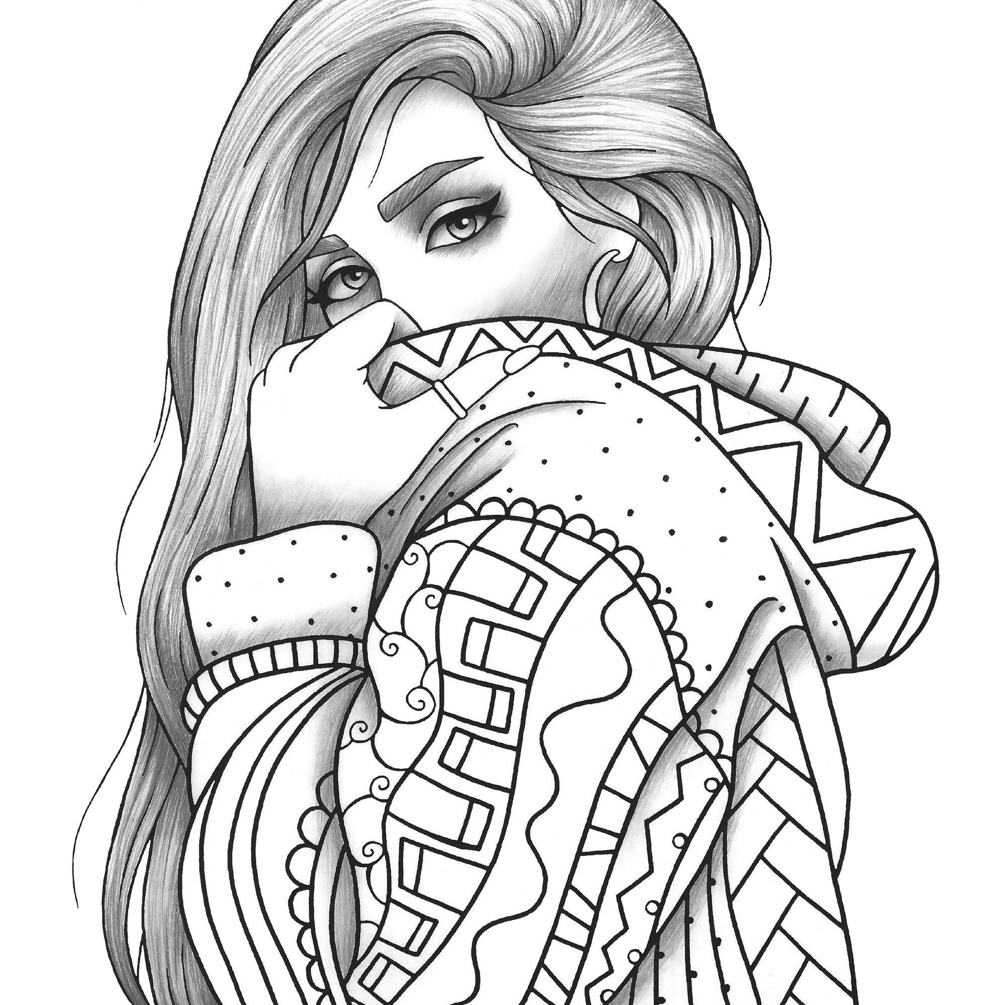 Adult coloring page girl portrait and clothes colouring sheet fashion pdf printable anti