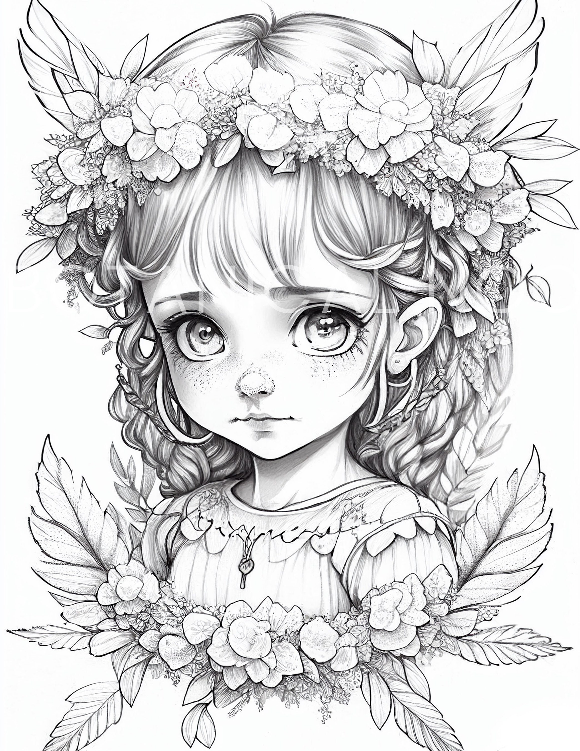 Sweet fairy darling girl coloring page adults kids instant download grayscale coloring page printable pdf fairy coloring cute girls