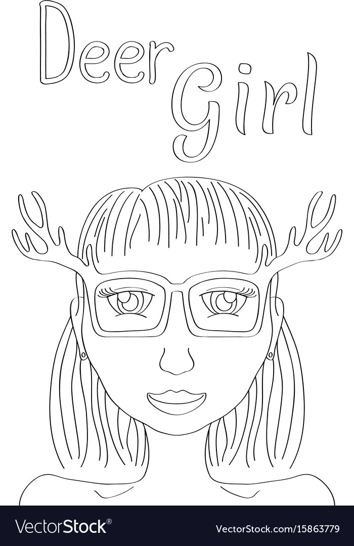 Deer girl coloring page cute black line royalty free vector