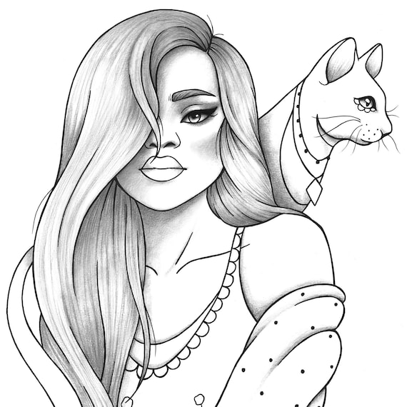 Buy printable coloring page girl portrait and cat colouring sheet animals pdf adult anti