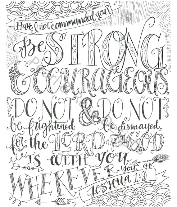 Joshua be strong and courageous bible verse printable hand drawn instant download adult coloring page