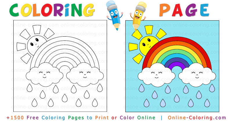 Cartoon sun rainy clouds and rainbow free online coloring page