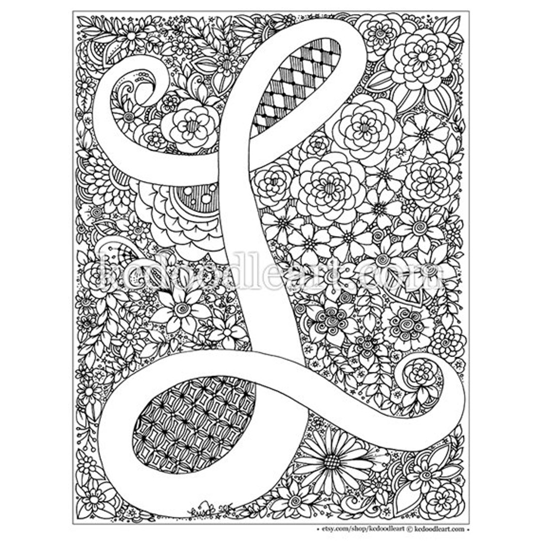 Instant digital download adult coloring page letter l