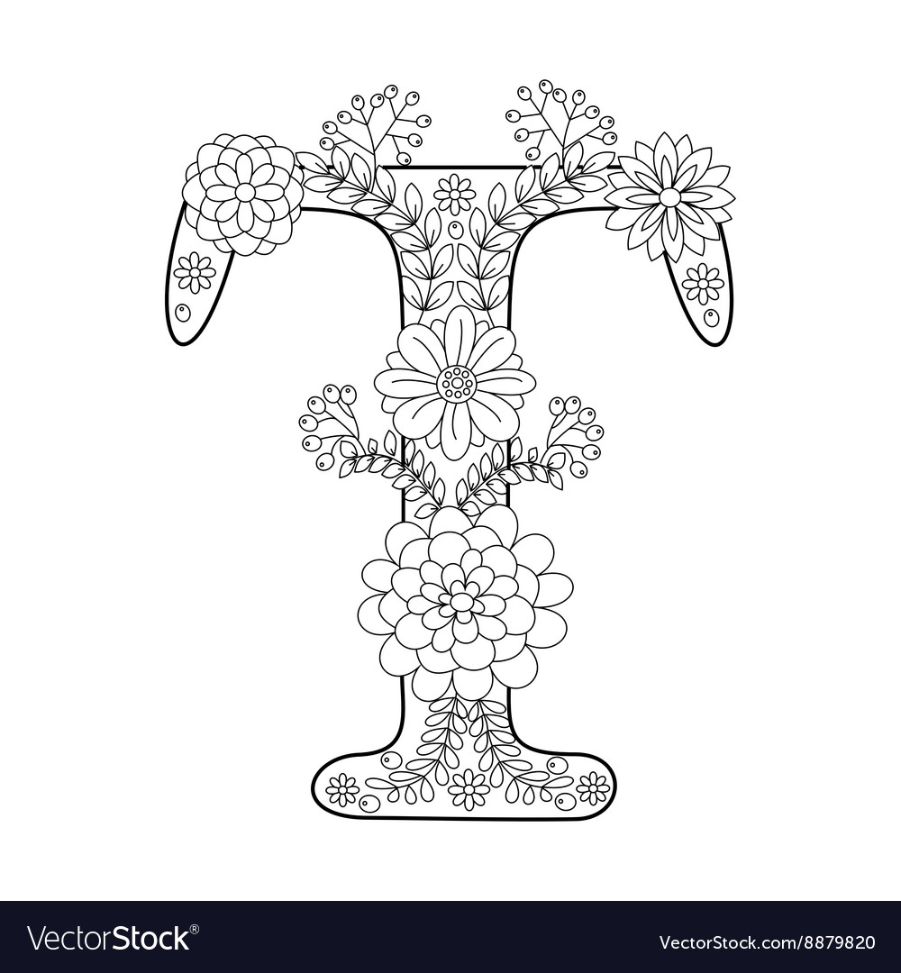 Letter t coloring book for adults royalty free vector image