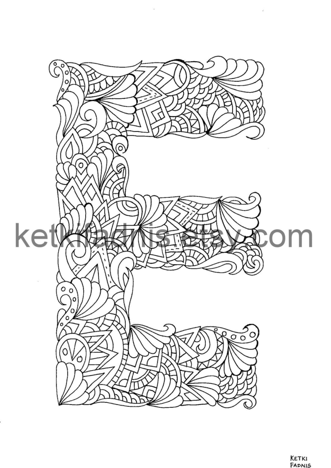 Letter e coloring page instant pdf download alphabet coloring page hand drawn diy printable coloring page letter illustration