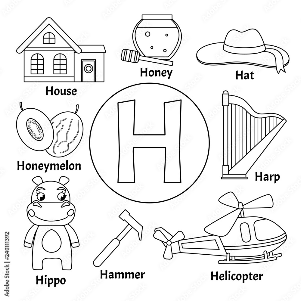 Vector cute kids animal alphabet letter h set of cute cartoon illustrations coloring page vector