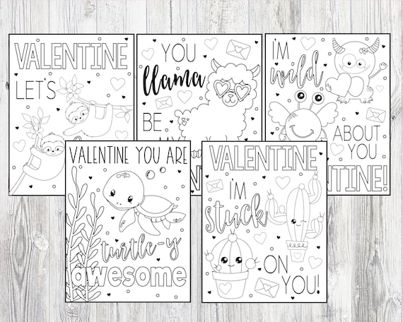 Printable valentines day coloring pages for kids or adults sloth cactus love monster llama sea turtle pages instant digital download
