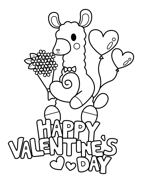 Printable llama happy valentines day coloring page