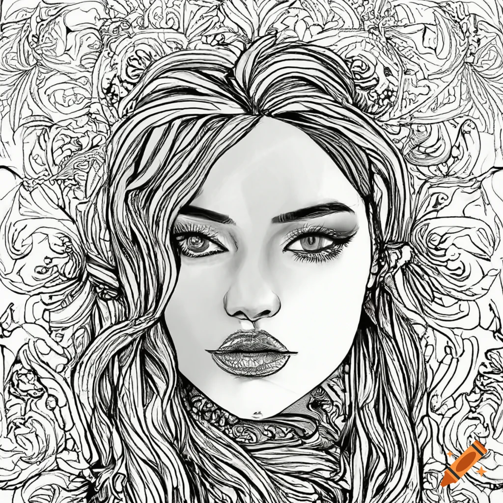 Coloring page for adults mandala style young woman with long hair clean line art fine line art on