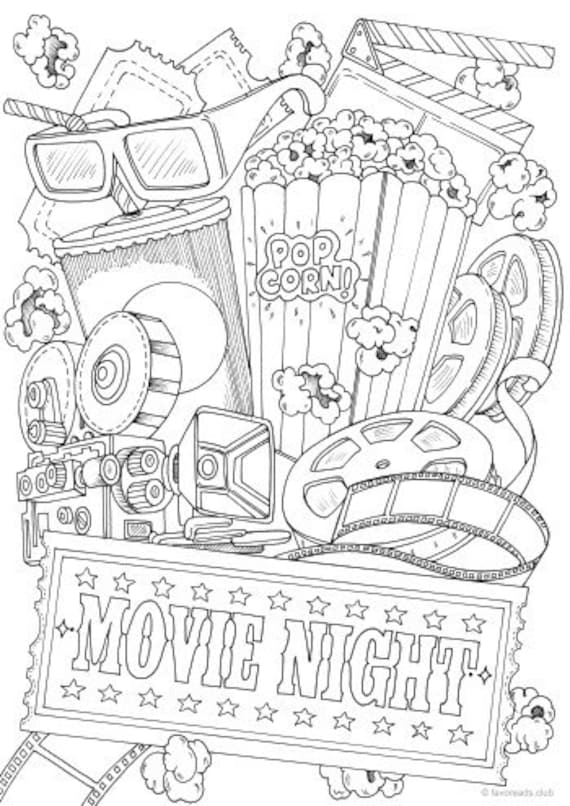 Movie night printable adult coloring page from favoreads coloring book pages for adults and kids coloring sheets colouring designs