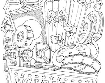 Movie night printable adult coloring page from favoreads coloring book pages for adults and kids coloring sheets colouring designs