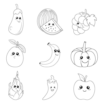 Premium vector cute fruits and vegetable coloring page for kids