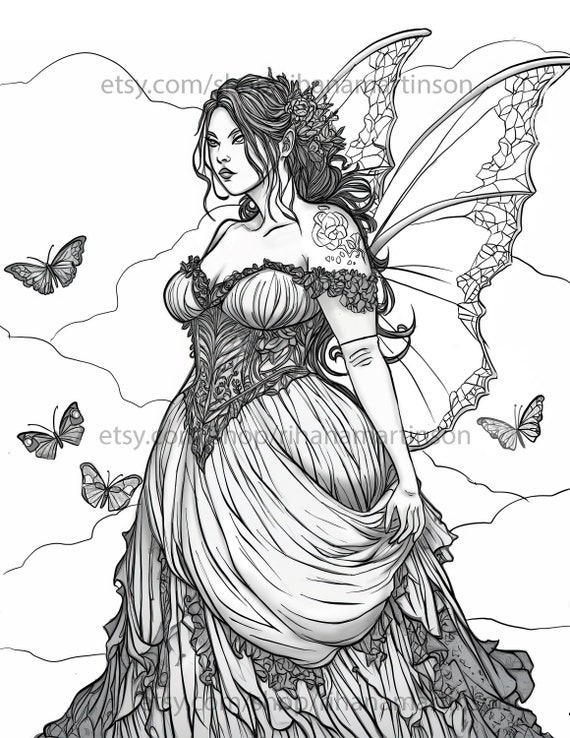 Gothic fairy printable adult coloring book page