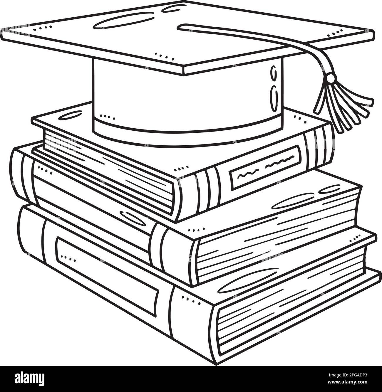 Graduation cap with books isolated coloring page stock vector image art