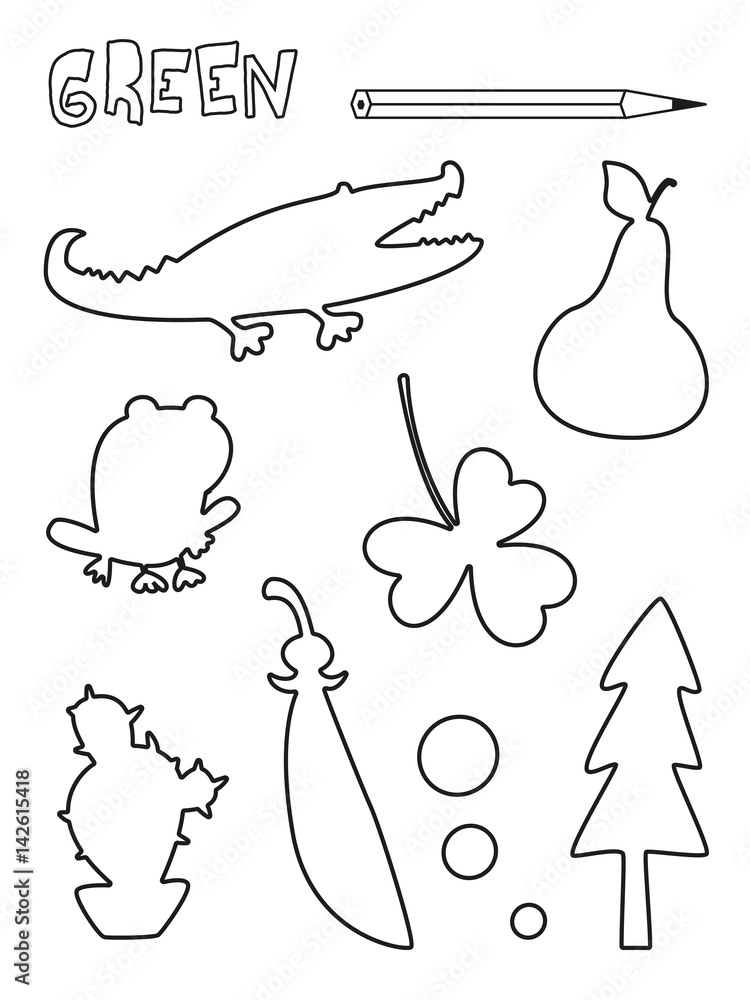 Coloring page green things set single color worksheets peas crocodile cactus pear clover frog spruce leaf vector illustration silhouette isolated for education and activities vector