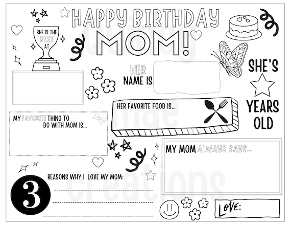 Happy birthday mom coloring page printable all about mom fill in template mothers birthday activity moms birthday printable for kids