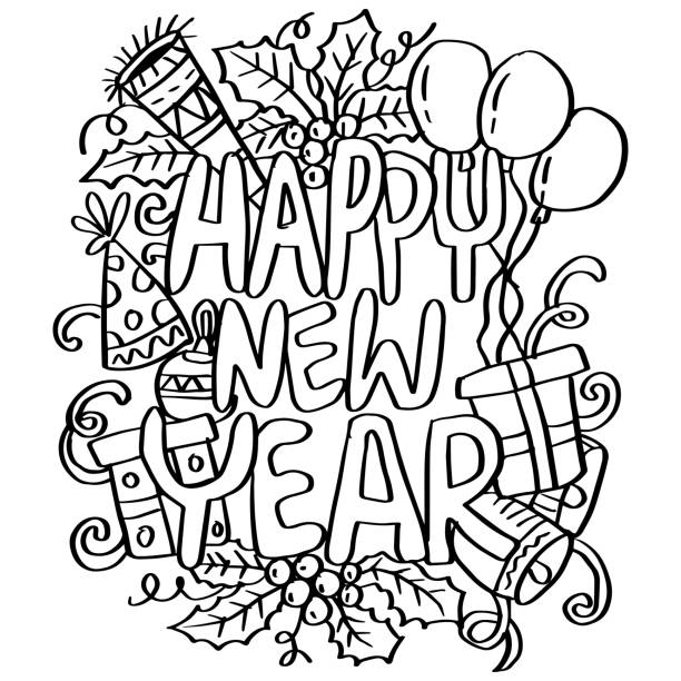 Happy new year coloring pages for kids and adults stock illustration