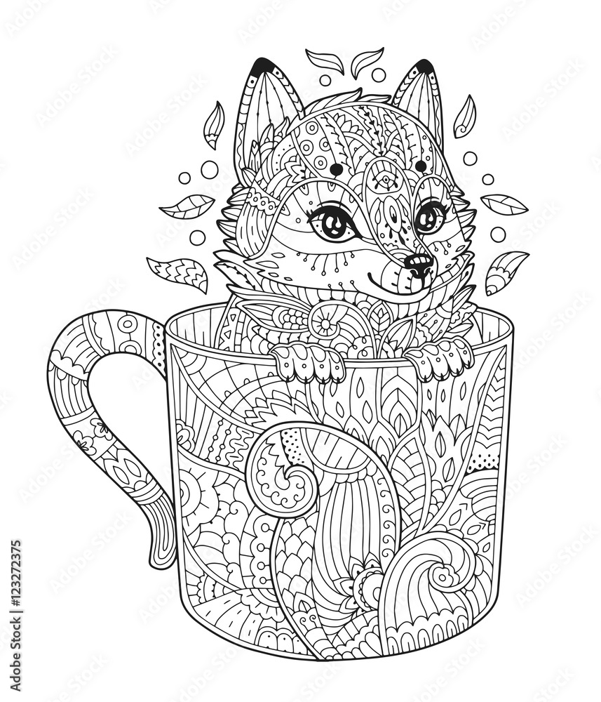 Fox in cup adult antistress coloring page with animal in zentangle style vector illustration for t