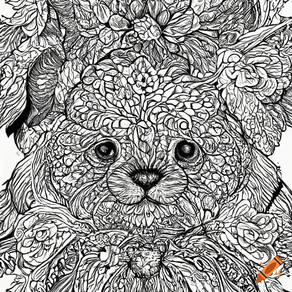 Black and white coloring page with cute animals and plants on