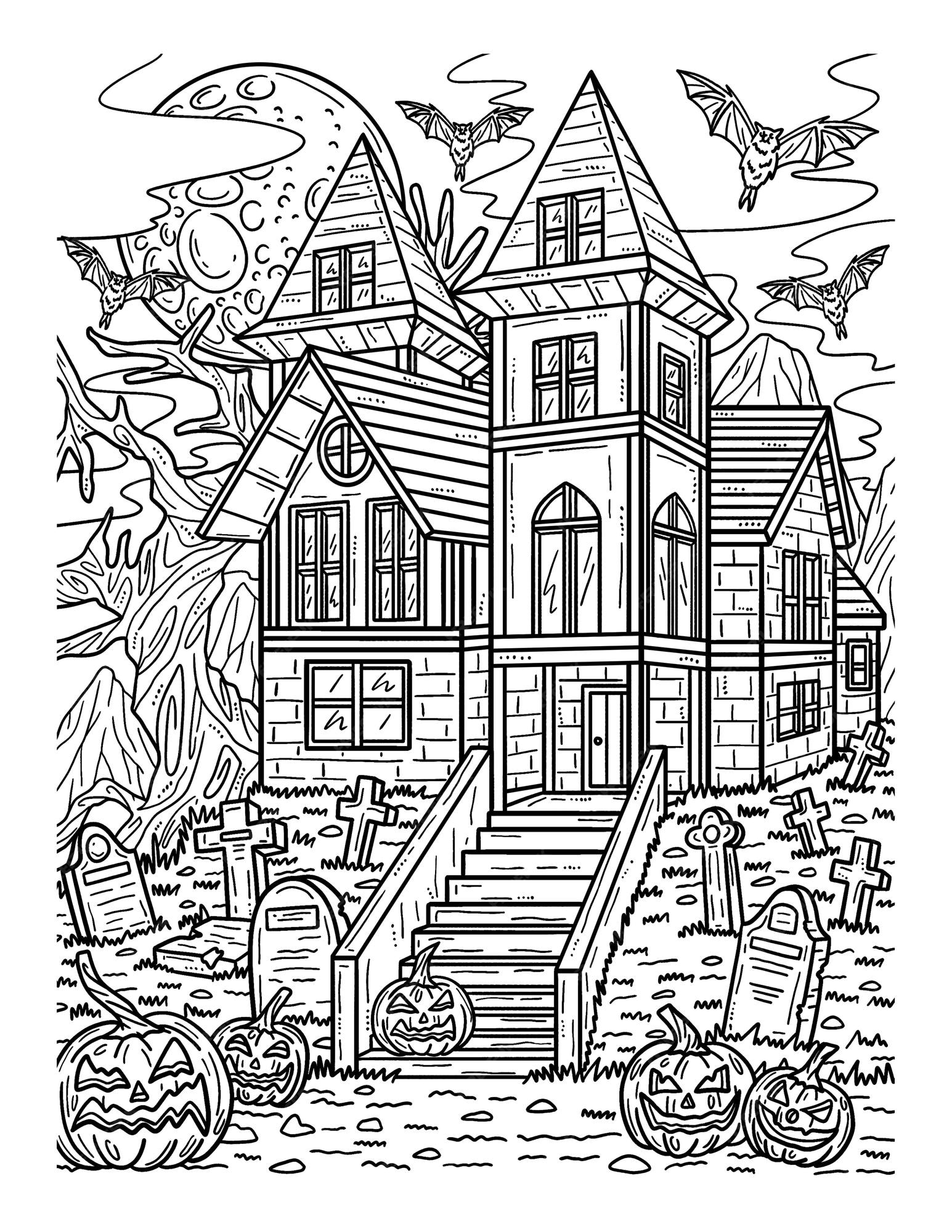 Premium vector halloween haunted house coloring page for adults