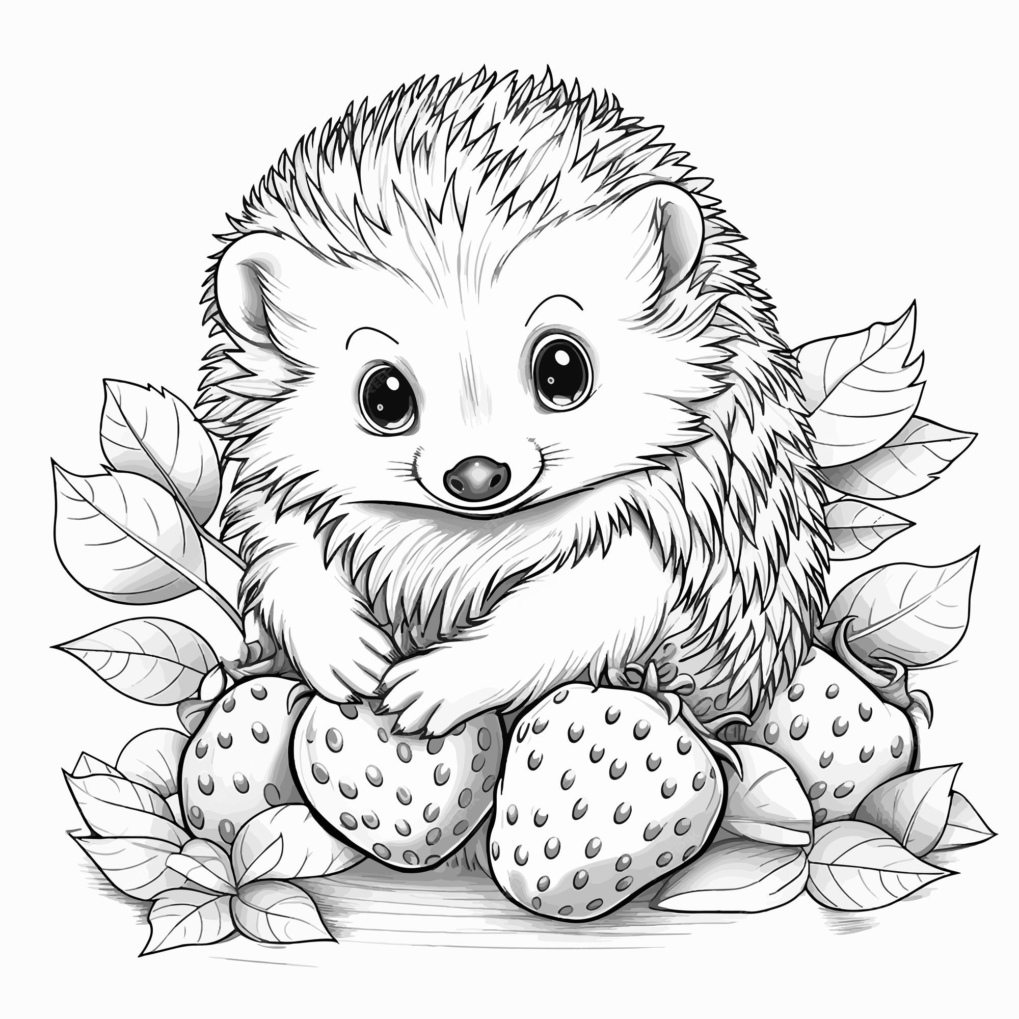 Premium vector coloring page outline of cartoon hedgehog with strawberry coloring book for kids