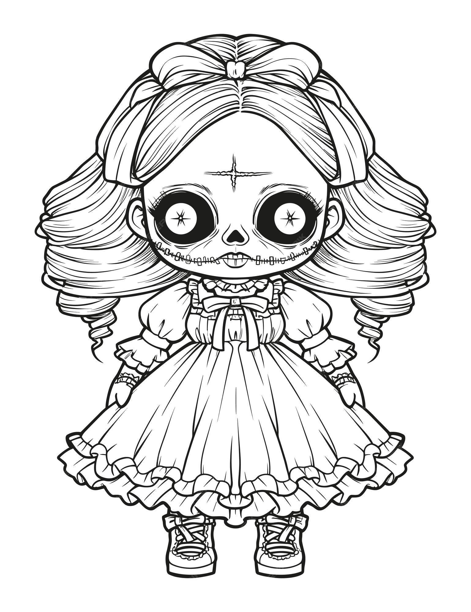 Premium vector doll with scary sinister expression spooky gothic horror coloring page clean line drawing strong