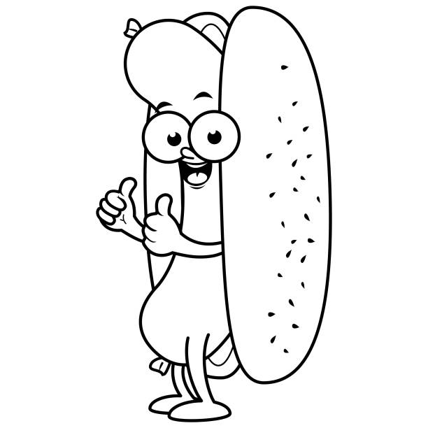 Cartoon hot dog vector black and white coloring page stock illustration