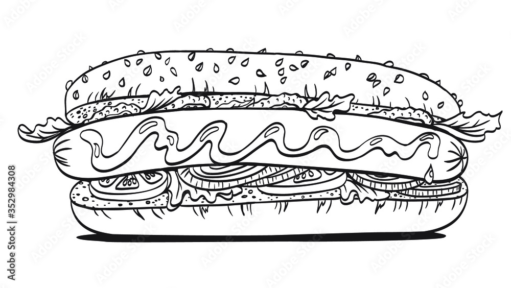 Hot dog american fast food black and white vector image illustration for the menu coloring book for adults and children vector