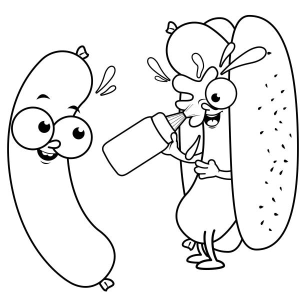 Cartoon sausage and hot dog splashing itself with mustard vector black and white coloring page stock illustration