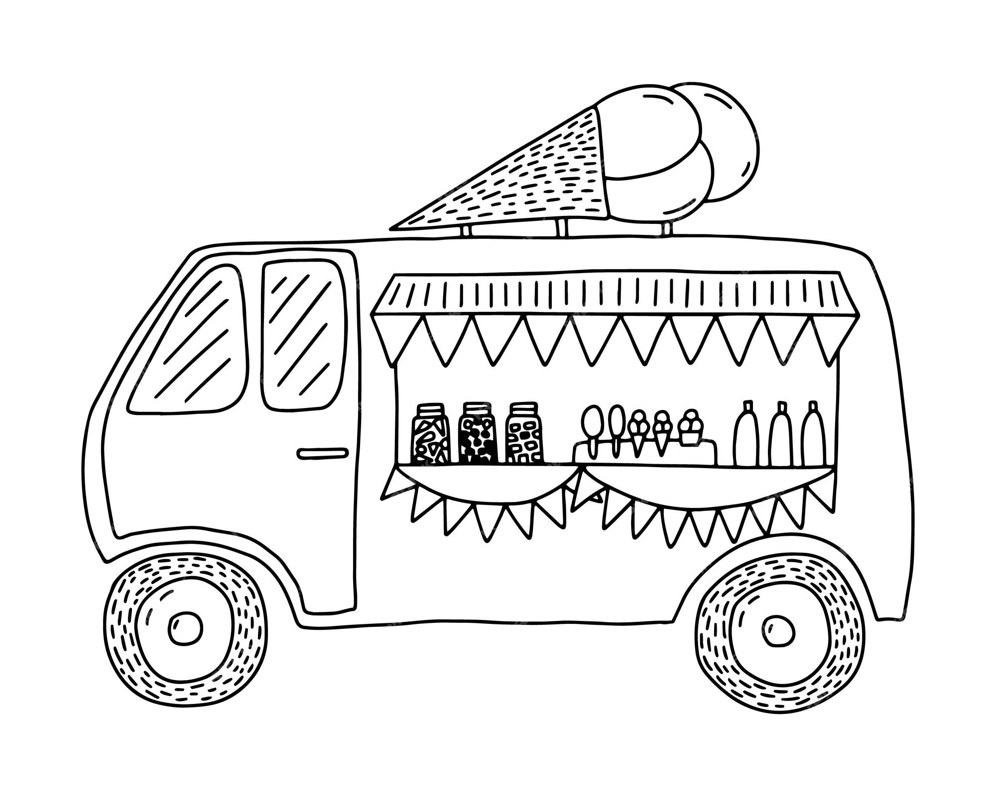 Premium vector ice cream truck coloring page cute food van with ice cream