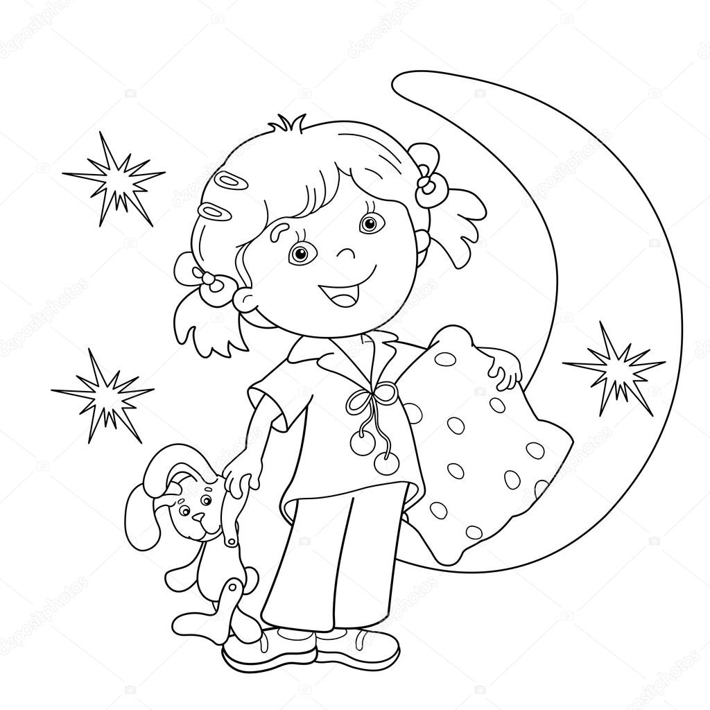 Coloring page outline of cartoon girl in pajamas with pillow stock vector by oleon