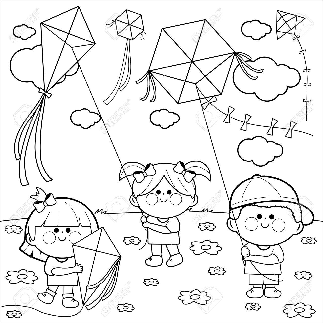 Children flying kites coloring book page royalty free svg cliparts vectors and stock illustration image