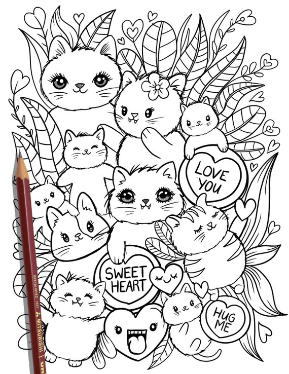 Printable cute kitty cats coloring page hand