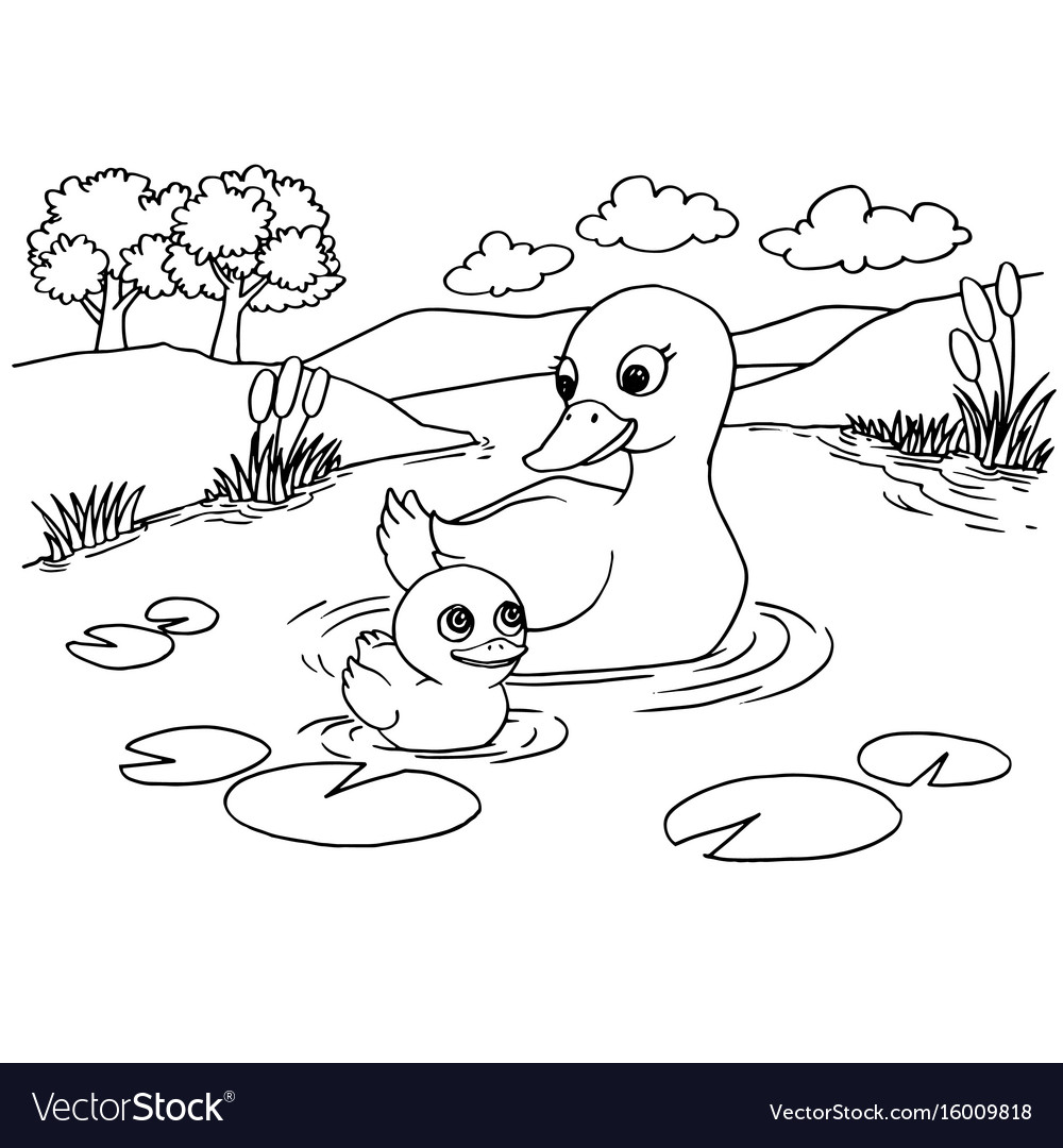 Cartoon duck lake coloring page royalty free vector image