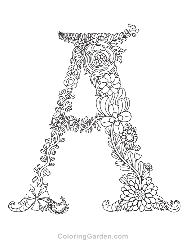 Floral letter a adult coloring page