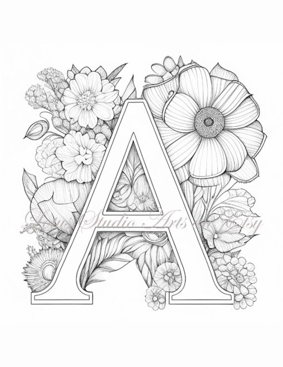 Floral letter a coloring page style downloadable printable alphabet coloring page for adults and teens great for craft projects download now