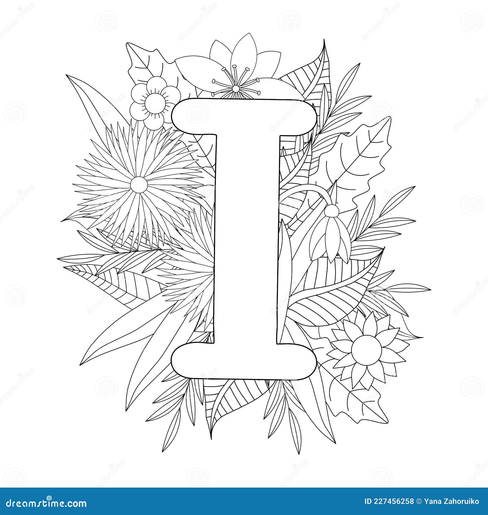 Letter i coloring page floral coloring stock vector