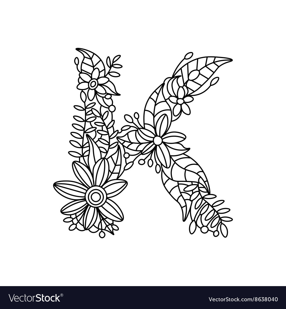 Letter k coloring book for adults royalty free vector image