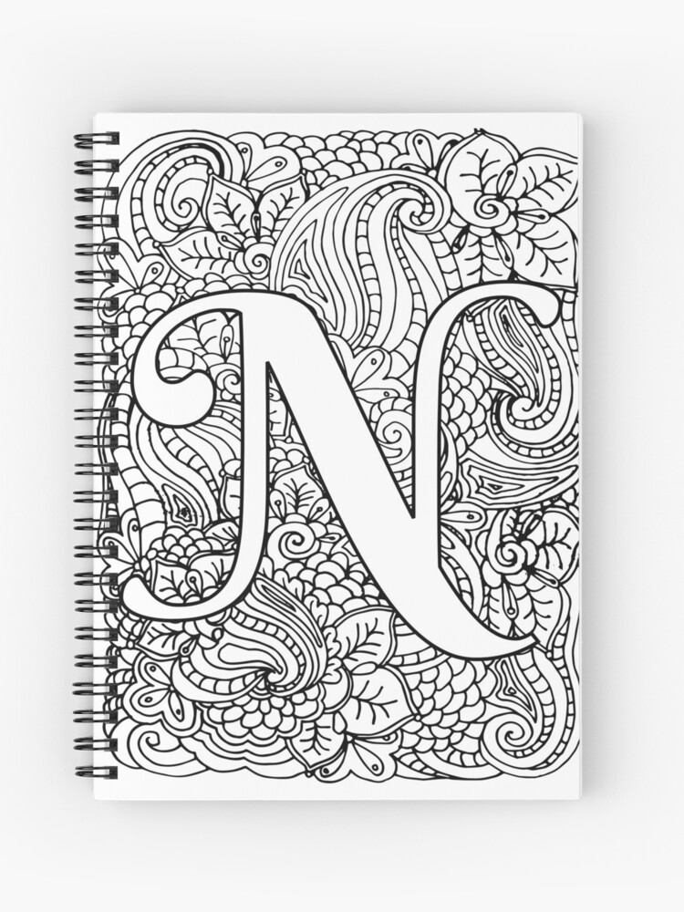 Adult coloring page monogram letter n spiral notebook for sale by mamasweetea