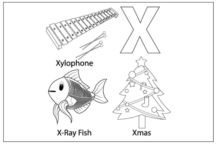 Coloring sheet from letter x for kids