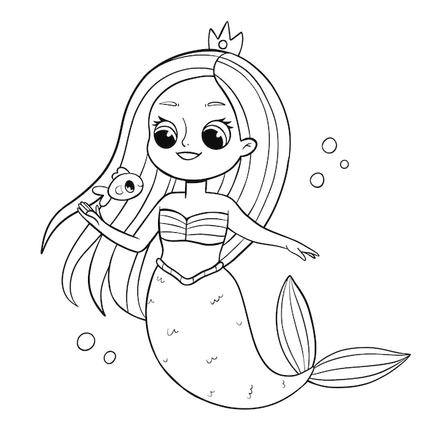 Premium vector mermaid coloring book for kids little mermaid with fish coloring page black and white illustration