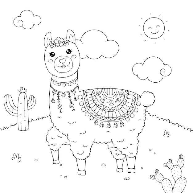 Premium vector cute llama coloring page illustration