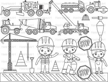 Construction machines outline clip art stamp coloring pages builders work