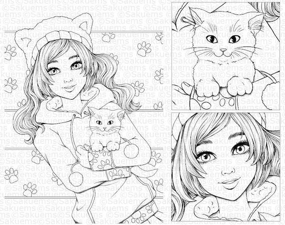 Buy digital coloring page kitty girl manga line art drawing stamp adult coloring by sakuems online in india