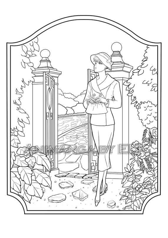 Buy printable coloring page vintage woman on garden manga style online in india