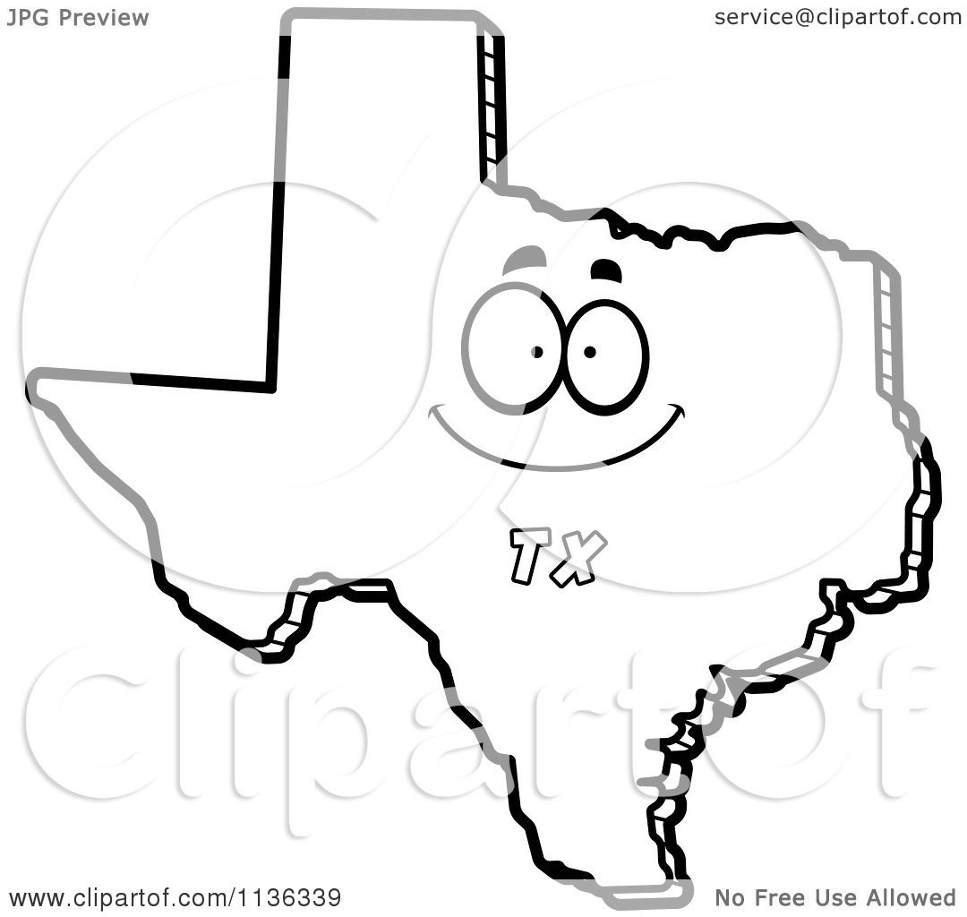 Cartoon clipart of an outlined happy texas state character