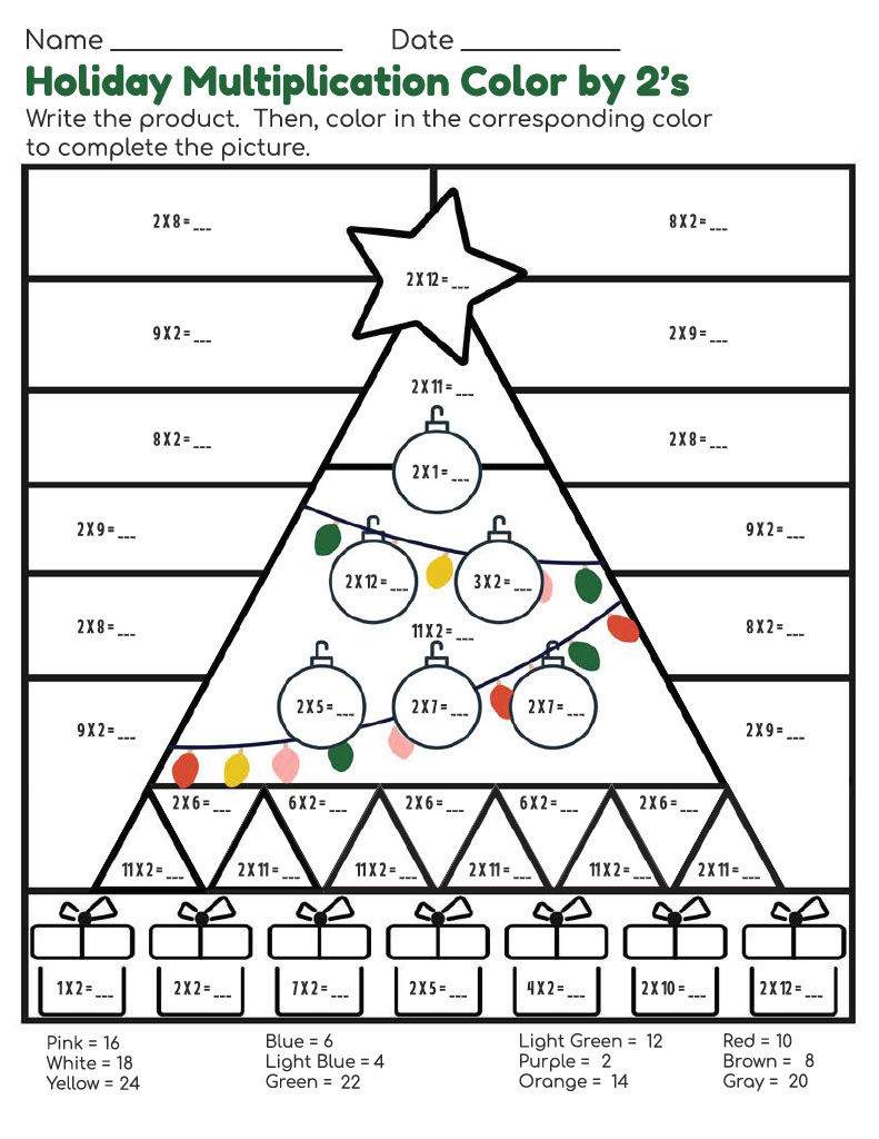 Christmas tree multiplication coloring sheets teachtastic