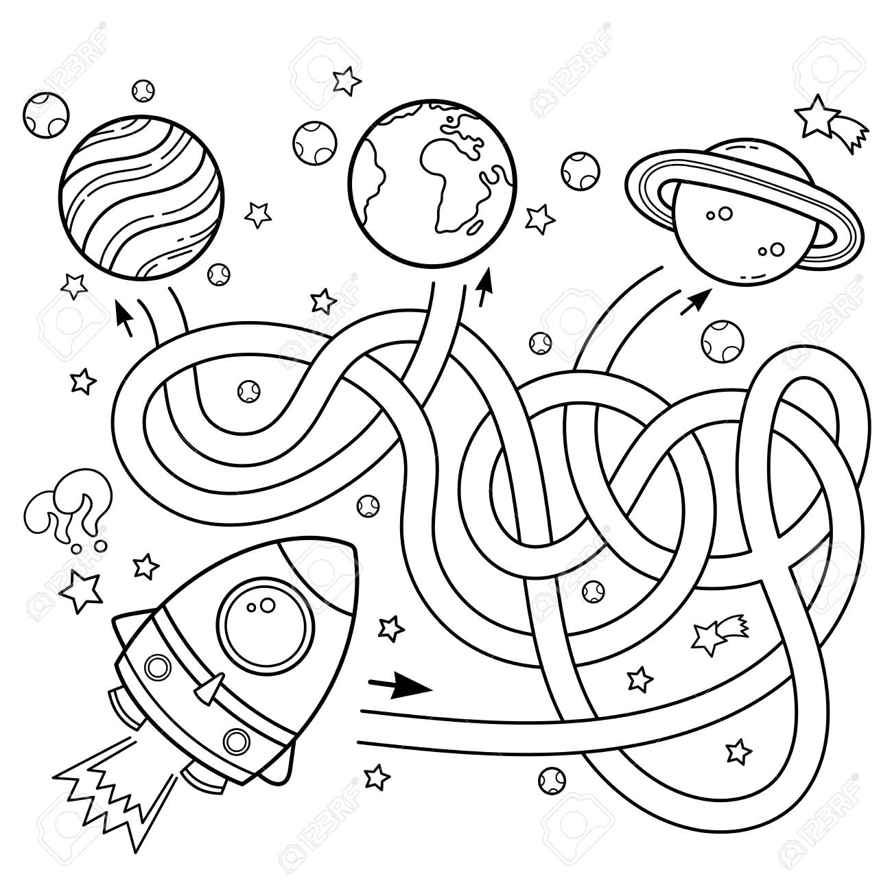 Maze or labyrinth game for preschool children puzzle tangled road coloring page outline of cartoon rocket in space coloring book for kids royalty free svg cliparts vectors and stock illustration image