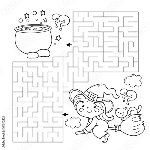 Maze or labyrinth game puzzle coloring page outline of cartoon little witch on broom with pot and with cat halloween coloring book for kids vector